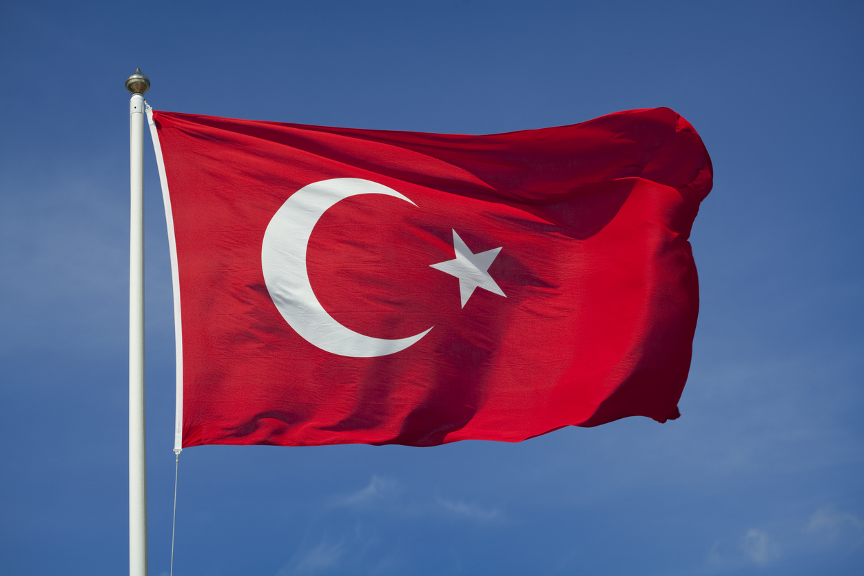 The flag of Turkey waving in the wind.